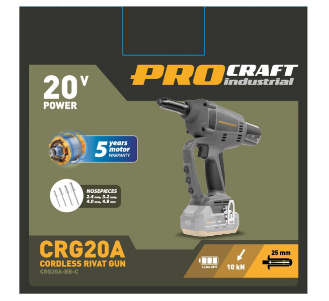Аккумуляторный заклепочный пистолет Procraft Industrial CRG20A (без АКБ и ЗУ), бесщеточный двигатель 100220 фото